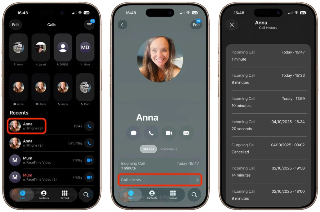 call history phone app ios